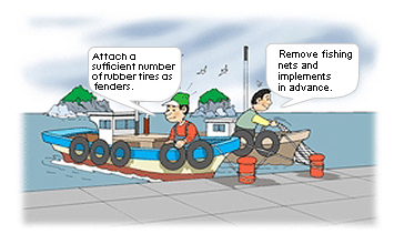 Attach a sufficient number of rubber tires as fenders. / Remove fishing nets and implements in advance.