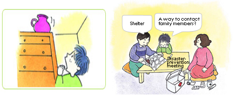 Disaster prevention meeting./Shelter. / A way to contact family members? 